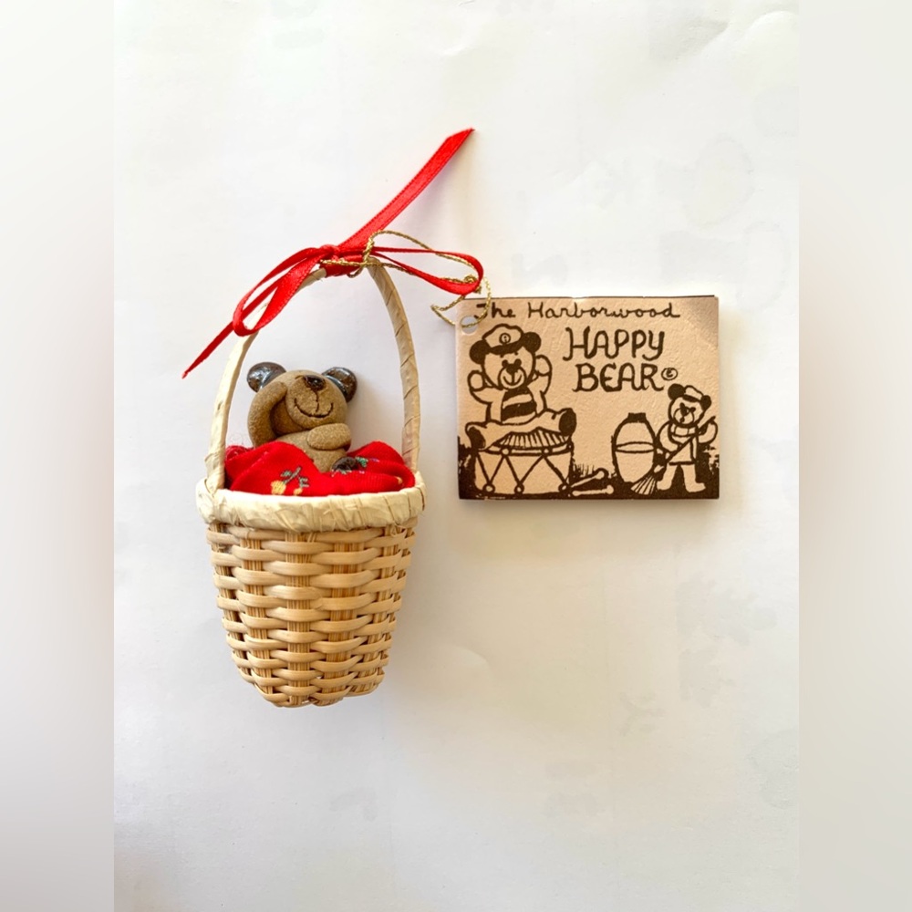 vintage handmade ceramic The Harborwood Happy Bear in a basket ornament